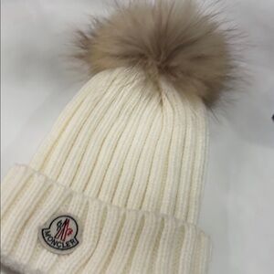 Moncler Kids Cream Knit Hat with Brown Pom-Pom